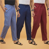 Combo of 3 Men Solid Cotton Flex Pant Maroon Navy Blue and Sky Blue