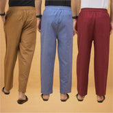 Combo of 3 Men Solid Cotton Flex Pant Maroon Sky Blue and Brown