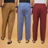 Combo of 3 Men Solid Cotton Flex Pant Maroon Sky Blue and Brown