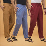 Combo of 3 Men Solid Cotton Flex Pant Maroon Sky Blue and Brown