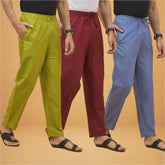 Combo of 3 Men Solid Cotton Flex Pant Maroon Sky Blue and Olive Green