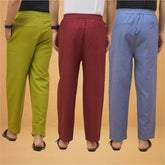 Combo of 3 Men Solid Cotton Flex Pant Maroon Sky Blue and Olive Green