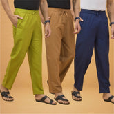 Combo of 3 Men Solid Cotton Flex Pant Navy Blue Brown and Olive Green