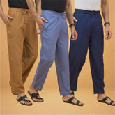Combo of 3 Men Solid Cotton Flex Pant Navy Blue Sky Blue and Brown