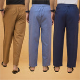 Combo of 3 Men Solid Cotton Flex Pant Navy Blue Sky Blue and Brown