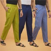 Combo of 3 Men Solid Cotton Flex Pant Navy Blue Sky Blue and Olive Green