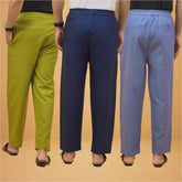Combo of 3 Men Solid Cotton Flex Pant Navy Blue Sky Blue and Olive Green