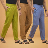 Combo of 3 Men Solid Cotton Flex Pant Sky Blue Brown and Olive Green