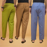 Combo of 3 Men Solid Cotton Flex Pant Sky Blue Brown and Olive Green