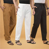 Combo of 3 Men Solid Cotton Flex Pant White Black and Brown
