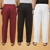 Combo of 3 Men Solid Cotton Flex Pant White Black and Maroon