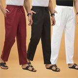 Combo of 3 Men Solid Cotton Flex Pant White Black and Maroon