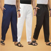 Combo of 3 Men Solid Cotton Flex Pant White Black and Navy Blue