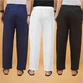 Combo of 3 Men Solid Cotton Flex Pant White Black and Navy Blue
