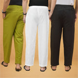 Combo of 3 Men Solid Cotton Flex Pant White Black and Olive Green