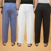Combo of 3 Men Solid Cotton Flex Pant White Black and Sky Blue