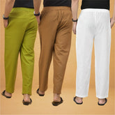Combo of 3 Men Solid Cotton Flex Pant White Brown and Olive Green-