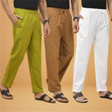 Combo of 3 Men Solid Cotton Flex Pant White Brown and Olive Green-