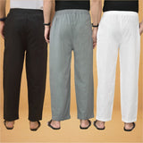 Combo of 3 Men Solid Cotton Flex Pant White Gray and Black