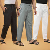 Combo of 3 Men Solid Cotton Flex Pant White Gray and Black