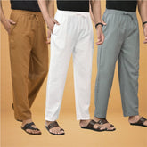 Combo of 3 Men Solid Cotton Flex Pant White Gray and Brown