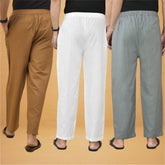 Combo of 3 Men Solid Cotton Flex Pant White Gray and Brown