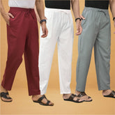 Combo of 3 Men Solid Cotton Flex Pant White Gray and Maroon