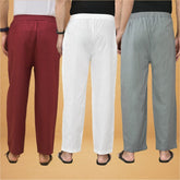Combo of 3 Men Solid Cotton Flex Pant White Gray and Maroon