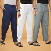 Combo of 3 Men Solid Cotton Flex Pant White Gray and Navy Blue