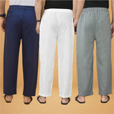 Combo of 3 Men Solid Cotton Flex Pant White Gray and Navy Blue