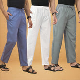 Combo of 3 Men Solid Cotton Flex Pant White Gray and Sky Blue