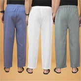 Combo of 3 Men Solid Cotton Flex Pant White Gray and Sky Blue