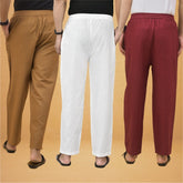 Combo of 3 Men Solid Cotton Flex Pant White Maroon and Brown-