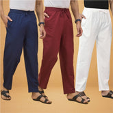 Combo of 3 Men Solid Cotton Flex Pant White Maroon and Navy Blue