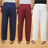 Combo of 3 Men Solid Cotton Flex Pant White Maroon and Navy Blue