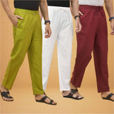 Combo of 3 Men Solid Cotton Flex Pant White Maroon and Olive Green