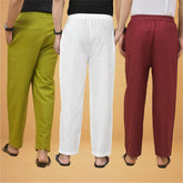 Combo of 3 Men Solid Cotton Flex Pant White Maroon and Olive Green