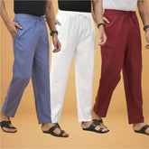 Combo of 3 Men Solid Cotton Flex Pant White Maroon and Sky Blue