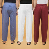 Combo of 3 Men Solid Cotton Flex Pant White Maroon and Sky Blue