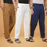 Combo of 3 Men Solid Cotton Flex Pant White Navy Blue and Brown