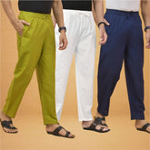 Combo of 3 Men Solid Cotton Flex Pant White Navy Blue and Olive Green