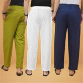 Combo of 3 Men Solid Cotton Flex Pant White Navy Blue and Olive Green