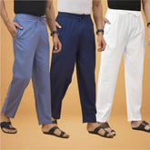 Combo of 3 Men Solid Cotton Flex Pant White Navy Blue and Sky Blue