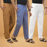 Combo of 3 Men Solid Cotton Flex Pant White Sky Blue and Brown
