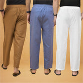 Combo of 3 Men Solid Cotton Flex Pant White Sky Blue and Brown