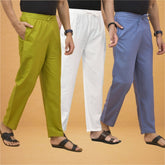 Combo of 3 Men Solid Cotton Flex Pant White Sky Blue and Olive Green