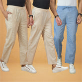 Combo of 3 Men Solid Cotton Handloom Pant Denim Cream and Beige