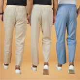 Combo of 3 Men Solid Cotton Handloom Pant Denim Cream and Beige