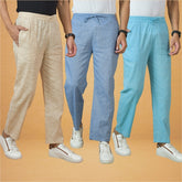 Combo of 3 Men Solid Cotton Handloom Pant Denim Sky Blue and Beige