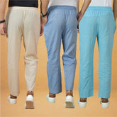 Combo of 3 Men Solid Cotton Handloom Pant Denim Sky Blue and Cream-